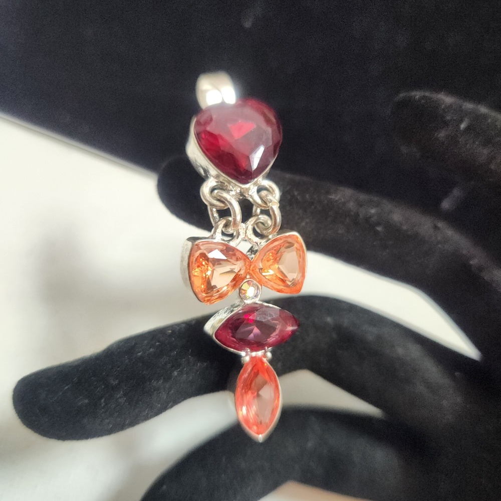 Silver Tone‎ Red Orange glass Heart Bow Drop Pendant Articulated Statement